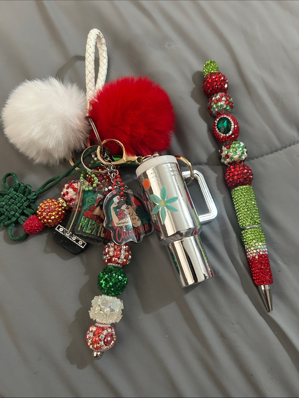 Festive Pom Pom & Beaded Keychain & Pen